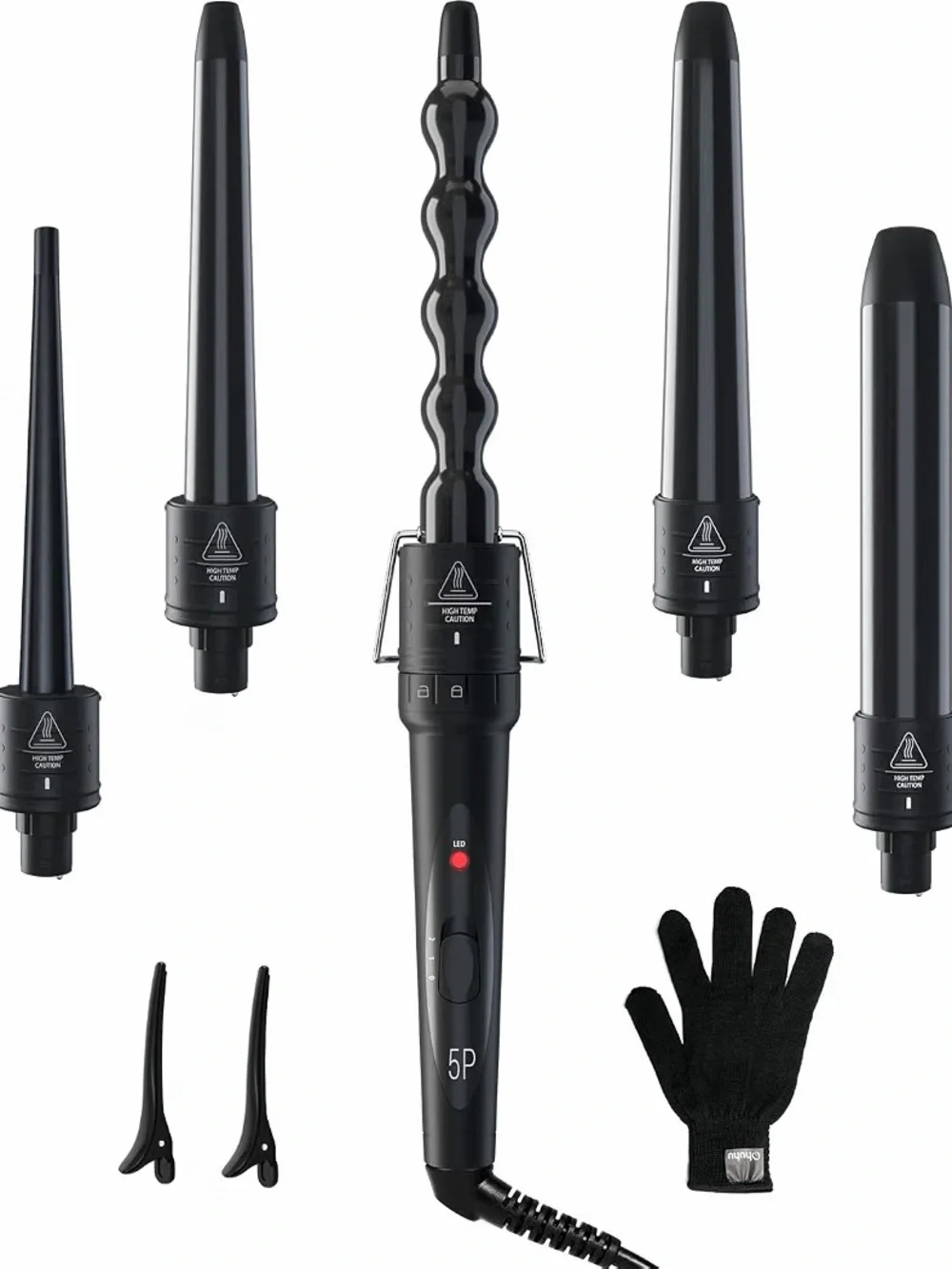 5-Piece Black Interchangeable Curling Wand Set with Glove